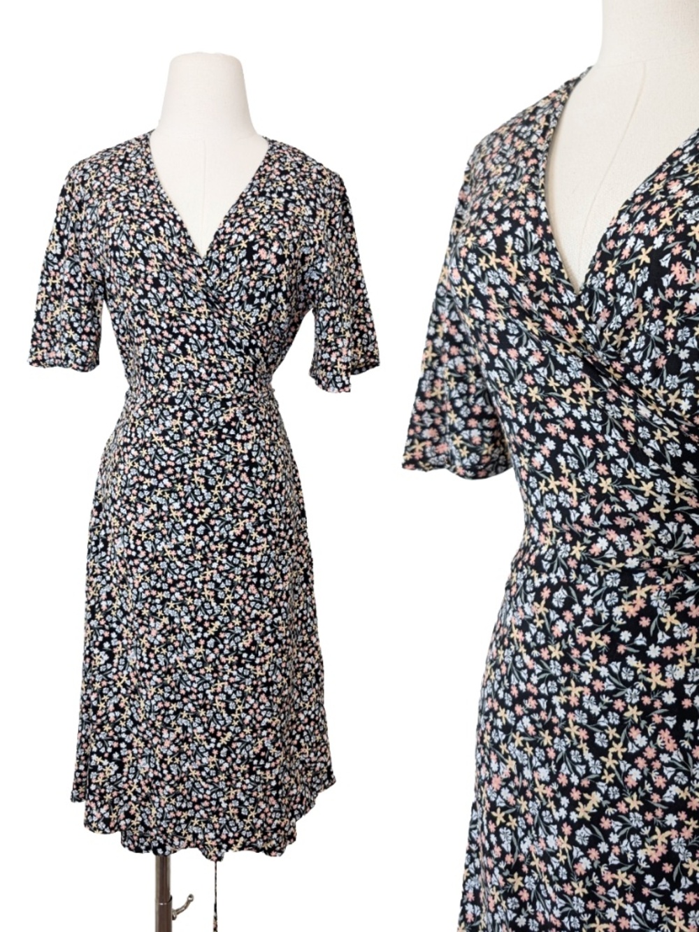 b. young Floral Wrap Dress Midi V-neck Size Medium Black Summer